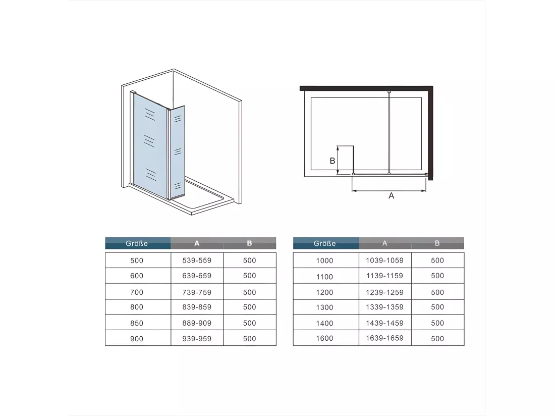 Paroi de douche à l'italienne 130x200cm avec retour pivotant 50x200cm - Verre securit - Avec barre de fixation 70-120cm en cylindrique
