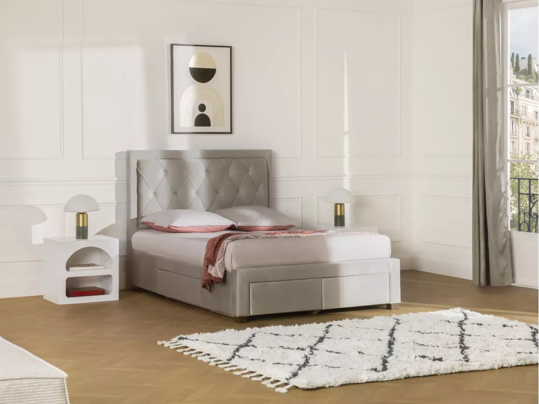 Lit avec tiroirs 180 x 200 cm - Tissu velours - Beige - LEOPOLD