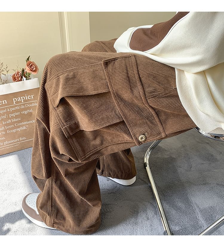Femilina - Mid Rise Plain Corduroy Wide Leg Cargo Pants