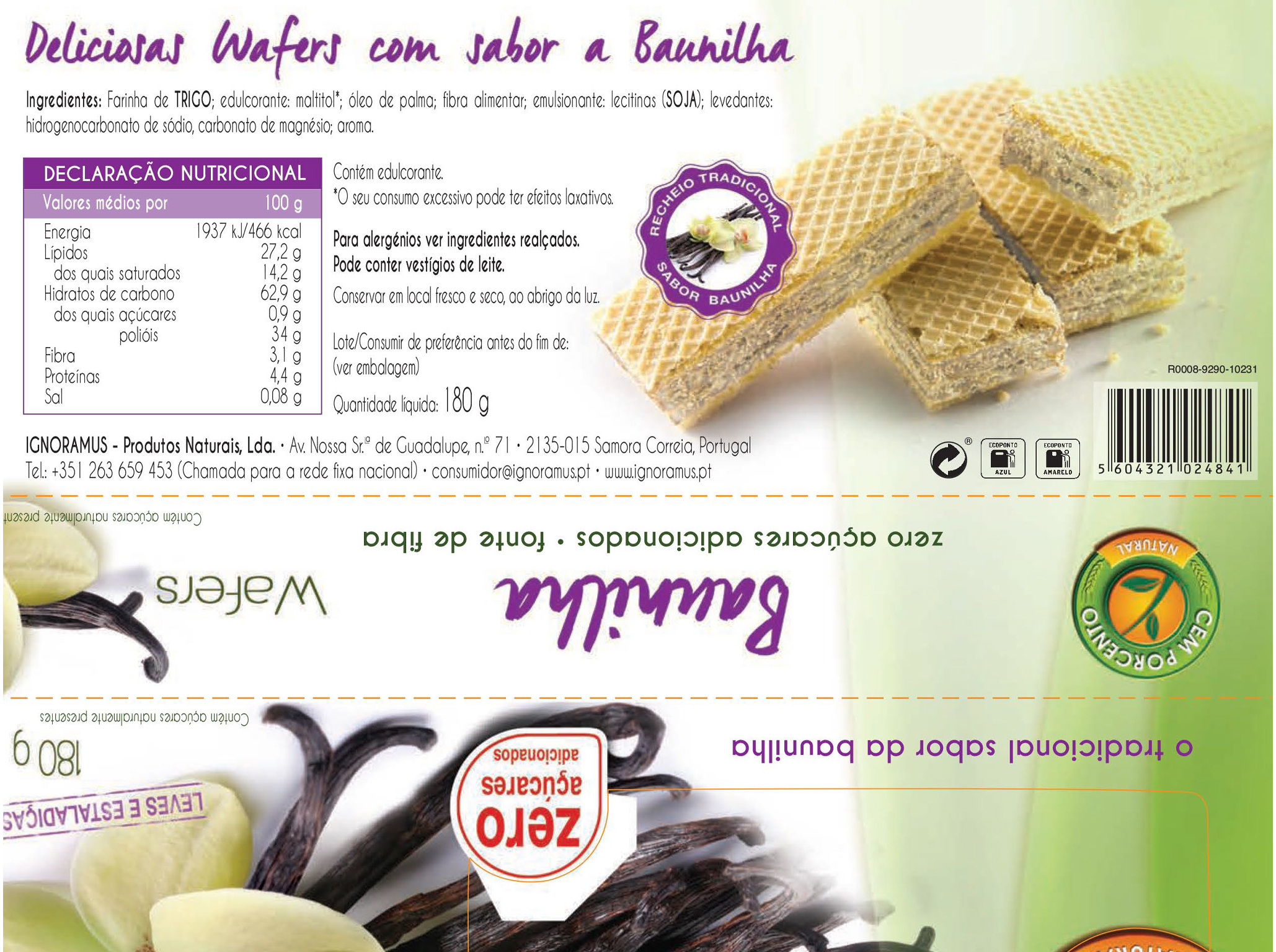 WAFER CEM PORCENTO BAUNILHA SEM AÇÚCAR 180G