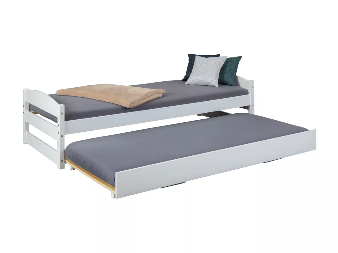 Lit gigogne relevable en bois massif blanc 90x200 - LT12009