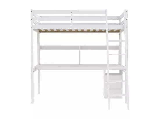 Lit mezzanine STUDIO 140x190 + 1 sommier + caisson 3 tiroirs + bureau + étagère / Blanc