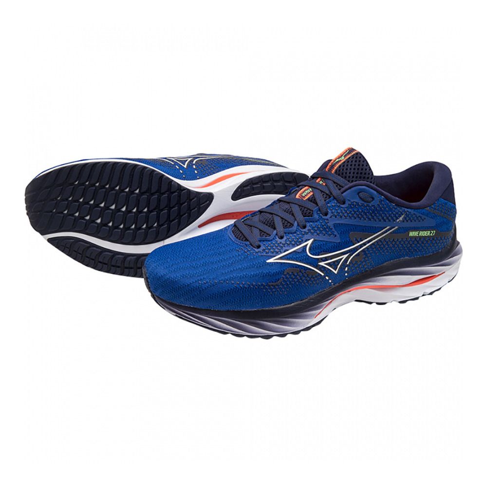 Mizuno WAVE RIDER 27 - Chaussures running Homme surf the web/white/neon flame