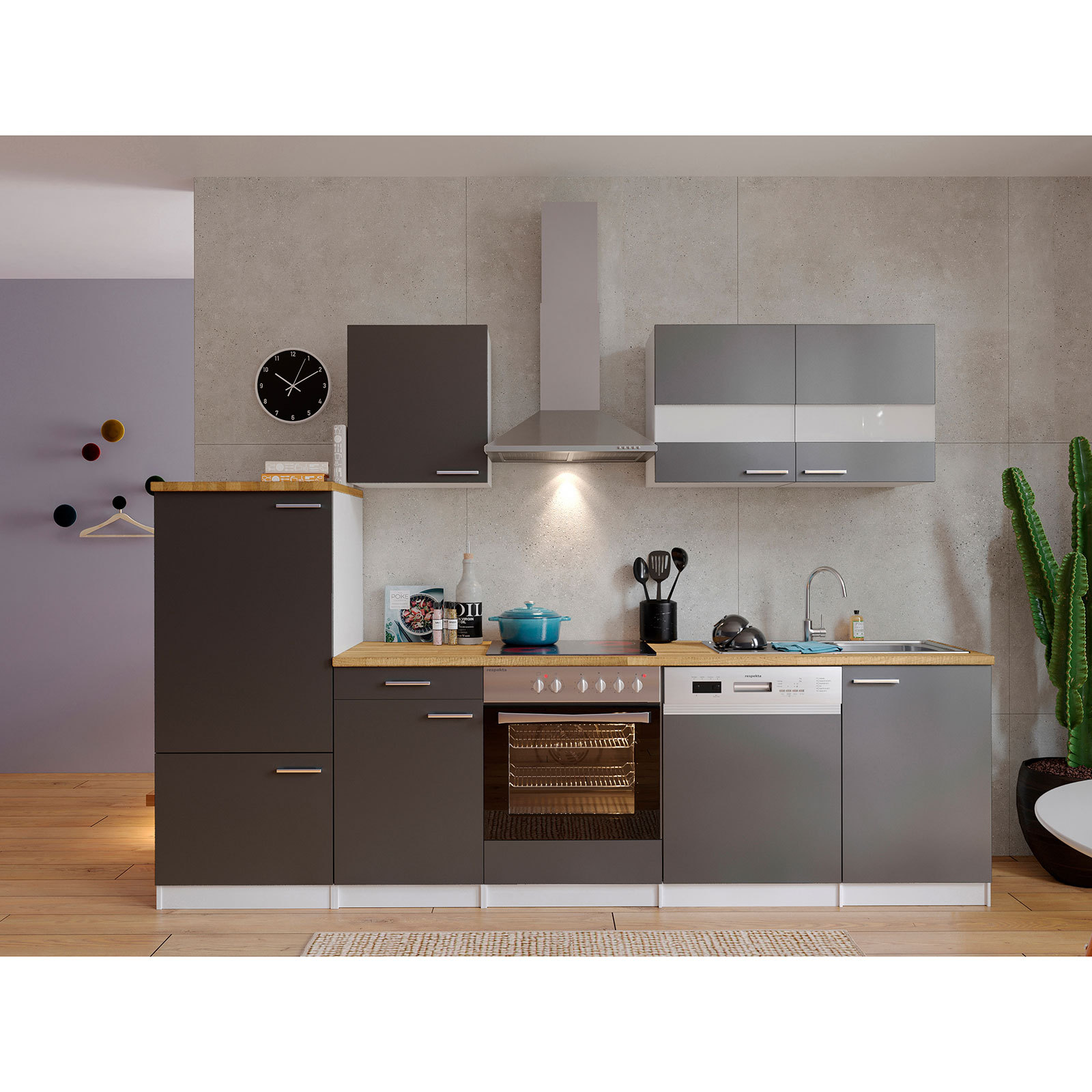 RESPEKTA Küchenblock - grau - mit E-Geräten - 280 cm