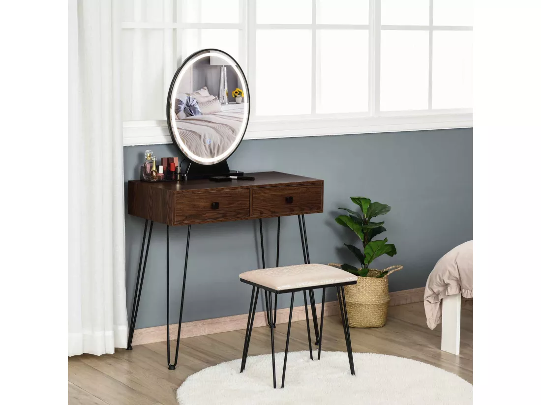 Coiffeuse design - miroir LED intégré - 2 tiroirs + 1 organisateur - tabouret inclus - métal noir MDF imitation bois noyer foncé