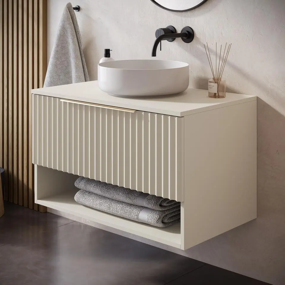 Badplaats Wastafelkast Kelo 80 cm - Beige - Badmeubel met 1 Lade en Open Vak