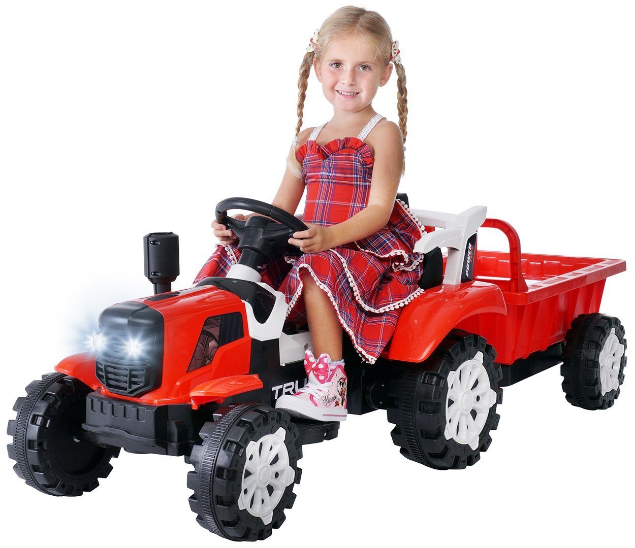Trator elétrico infantil Actionbikes Motors com reboque, controle remoto incluso, capacidade de carga de 30 kg (2 partes), carga útil de 30 kg - freio automático - 2 motores de 6 V - a partir de 3 anos