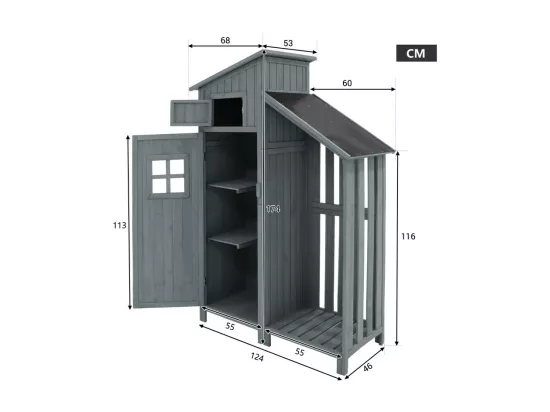 Abri de jardin en bois de sapin - remise à outils avec 2 étagères intégrées - H 173 cm - toit imperméable en PVC - Gris