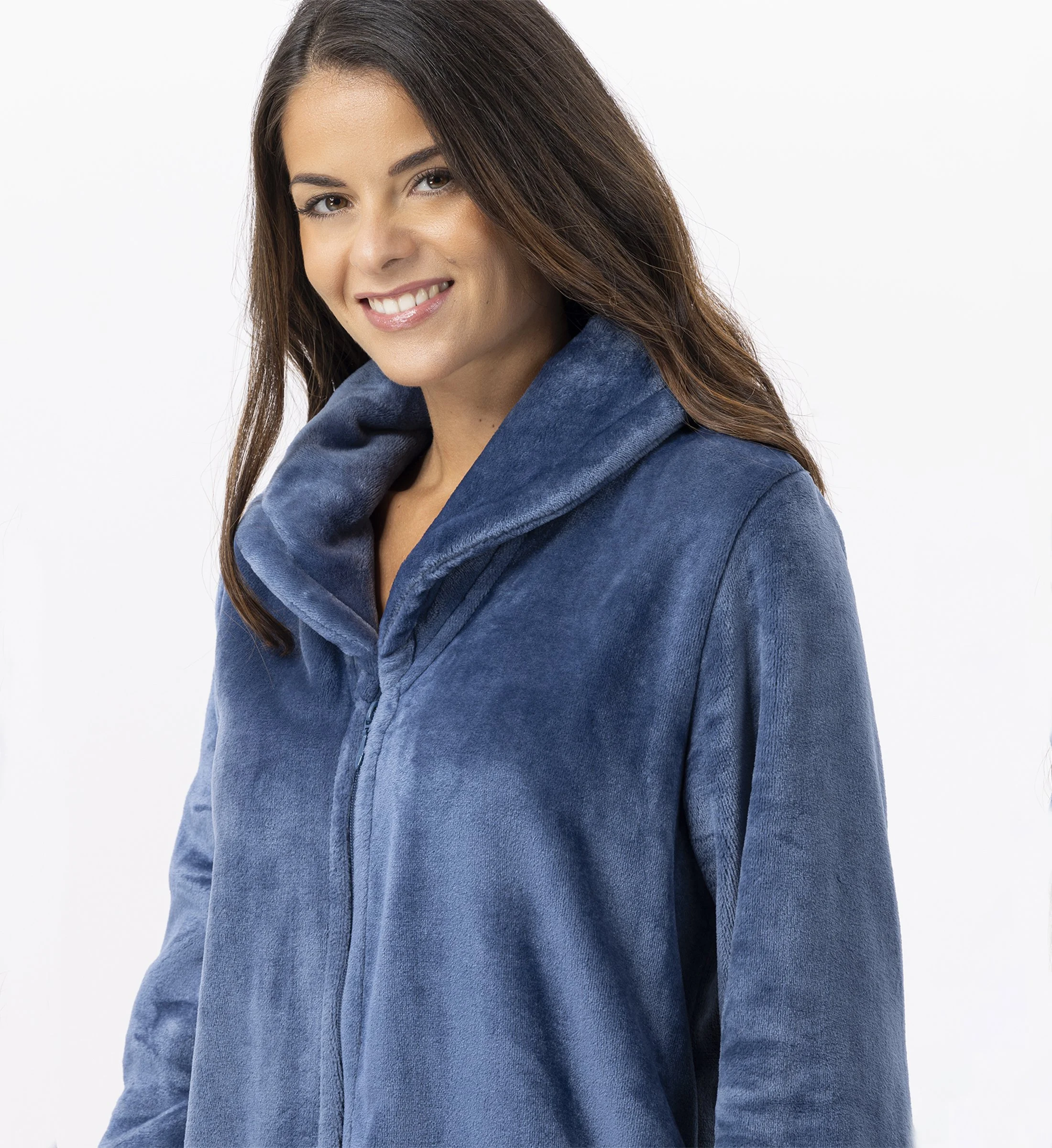 ESSENTIEL H56B - Robe de chambre zipée en peluche flanelle | Bleu