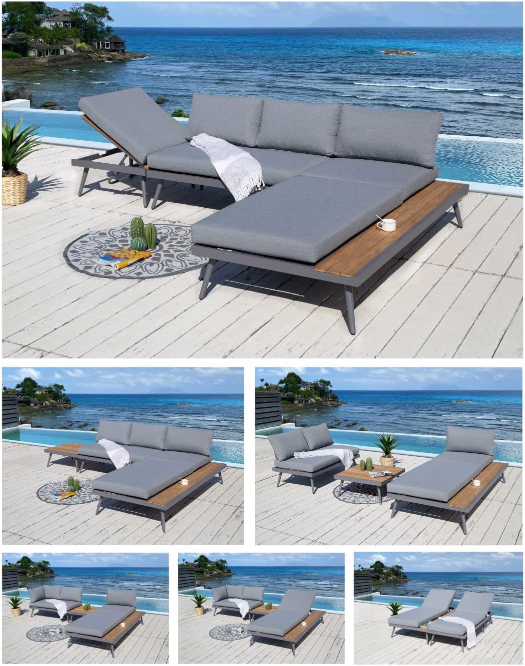 ALEOS. Gartenlounge Lounge aus Aluminium mit Massiv Holz Teak Multifunktionslounge Lounge-Set Loungegarnitur Sitzgruppe Doppelliege Sofagarnitur Barbados grau anthrazit Spunpoly Kissen