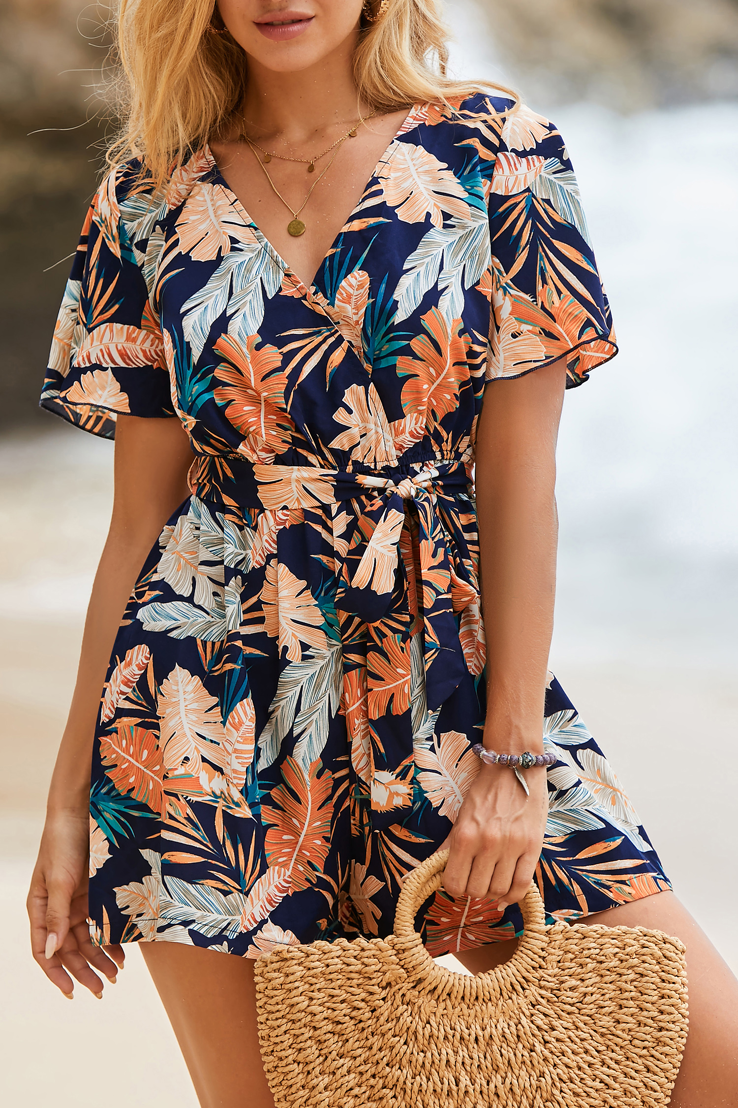 Combishort tissé à ceinture et imprimé feuilles tropicales