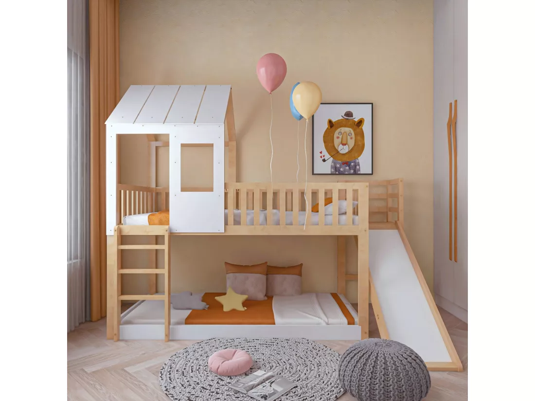 Lits Superposés Enfant Avec Échelle et Toboggan - Protection Antichute - En Pin - Naturel Blanc - 90 X 200 cm