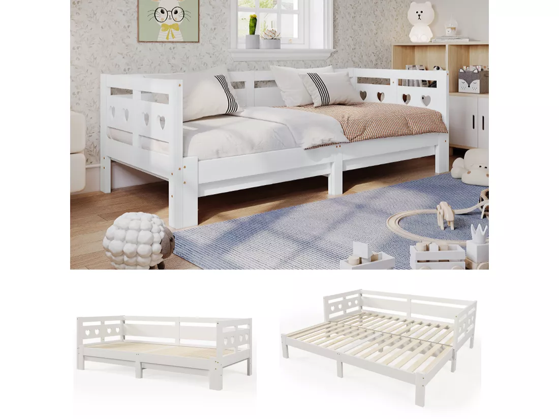 Lit gigogne 90 x 200 cm - Lit de repos en bois massif - forme coeur - blanc