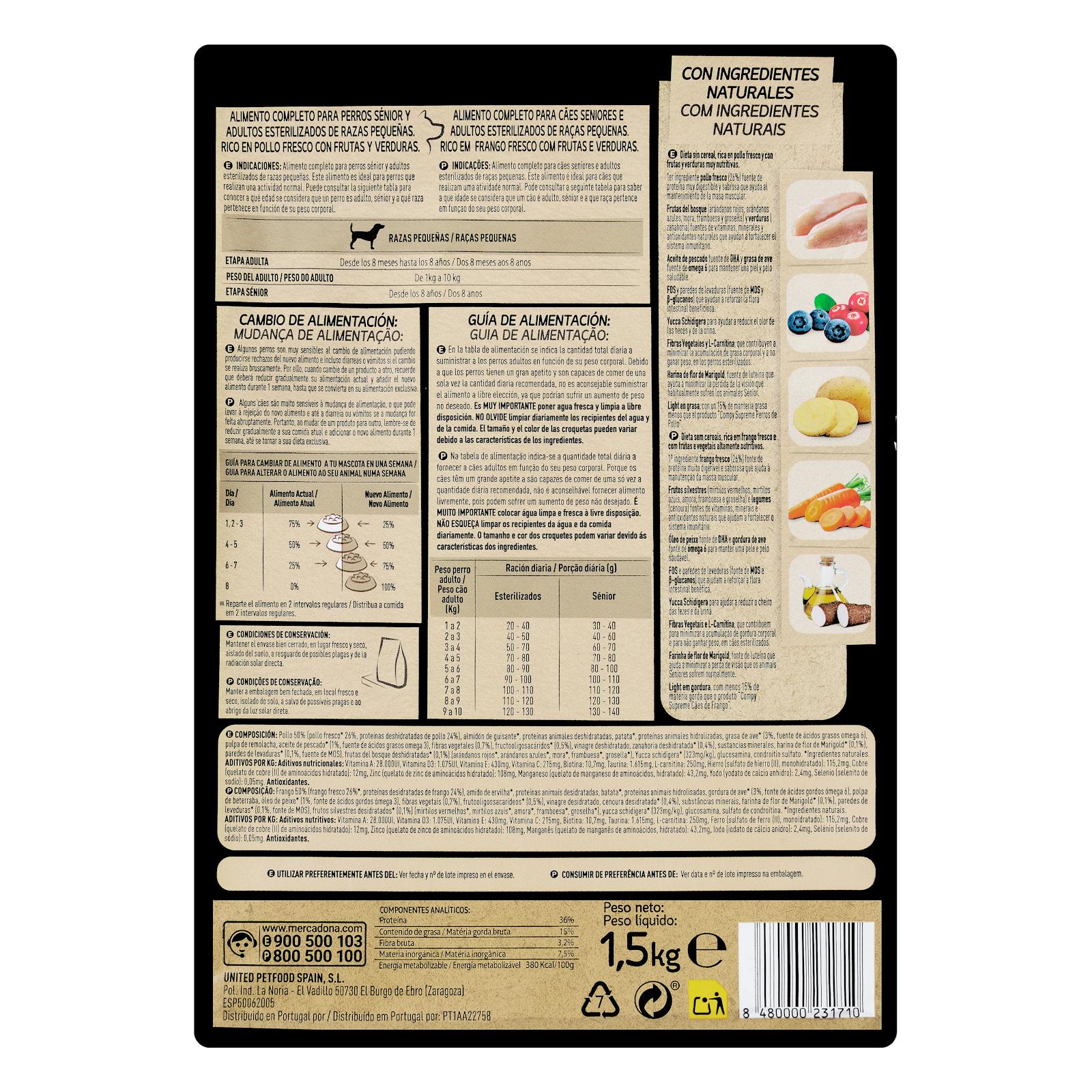 Nourriture fraîche au poulet Supreme Compy pour chiens âgés stérilisés avec fruits et légumes
