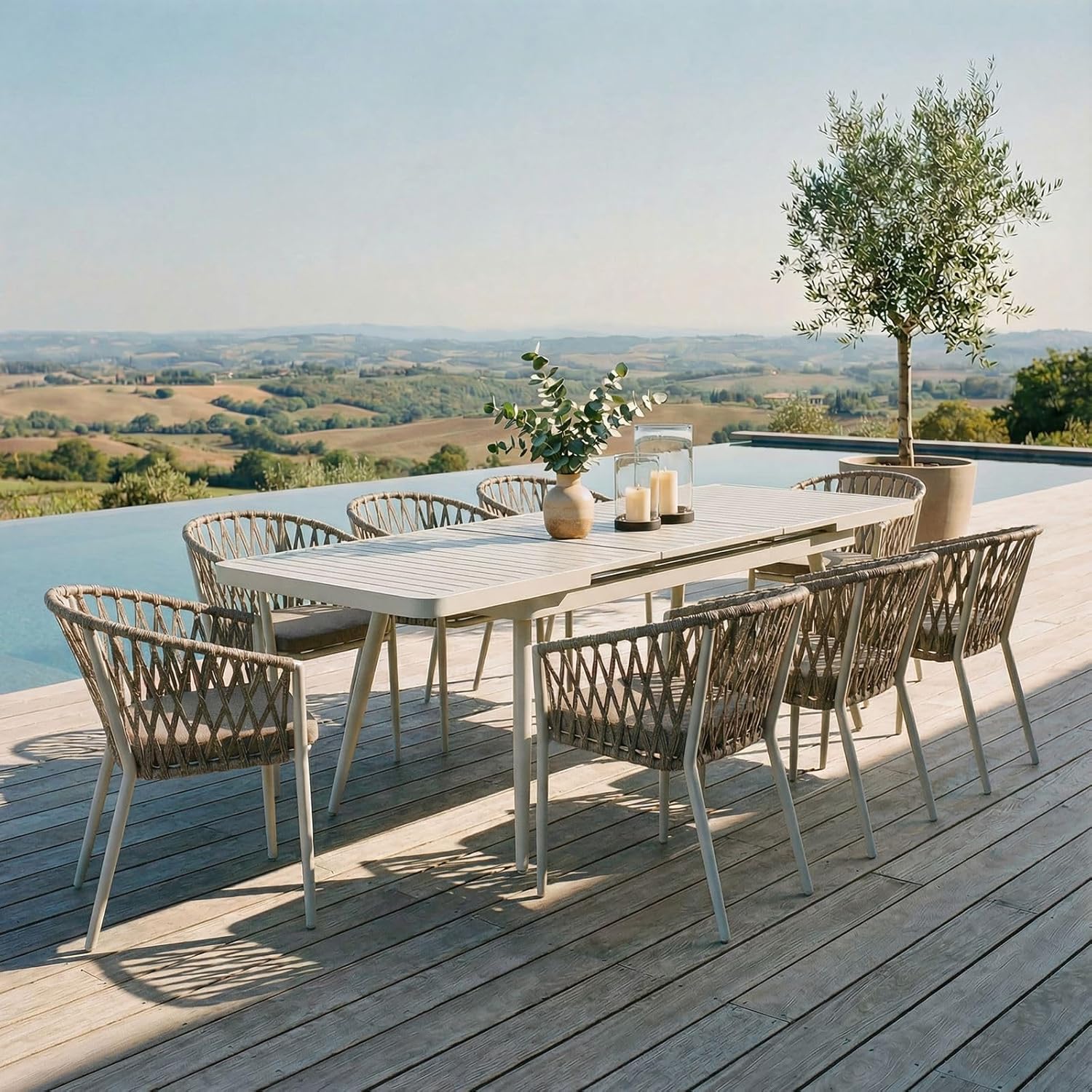 IDIMEX Gartenmöbel Set Sunny mit ausziehbarem Esstisch und 8 Stühlen, Esstisch Gestell aus Alu in weiß, Seilbespannung der Stühle in beige, Essgruppe inkl. Sitzkissen, Terassenmöbel