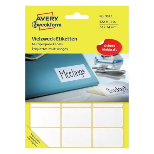 Etiketter Avery 38x24 mm hvid, permanent, til håndskrivning - (522 stk.)