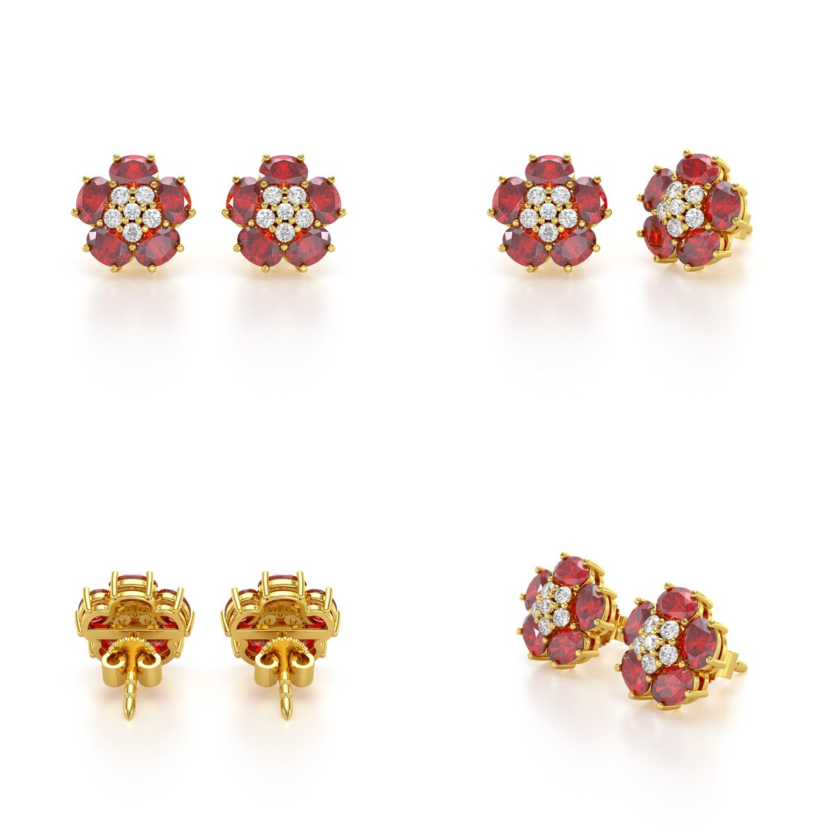 Boucles d'oreilles ADEN Or 585 Jaune et Rubis Fleur 2.86grs
