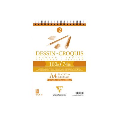 Clairefontaine - Bloc dessin croquis à spirale - A4 - 35 feuilles - 160 gr