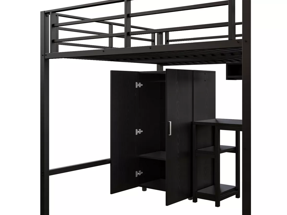 Lit mezzanine 140x200 cm en métal - avec bureau、penderie et échelle de rangement - Noir