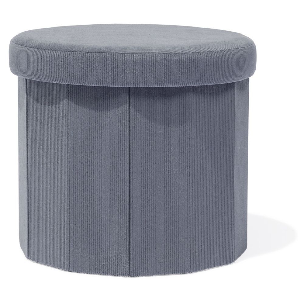 Pouf coffre rond pliable velours côtelé gris Ø40xH36 cm