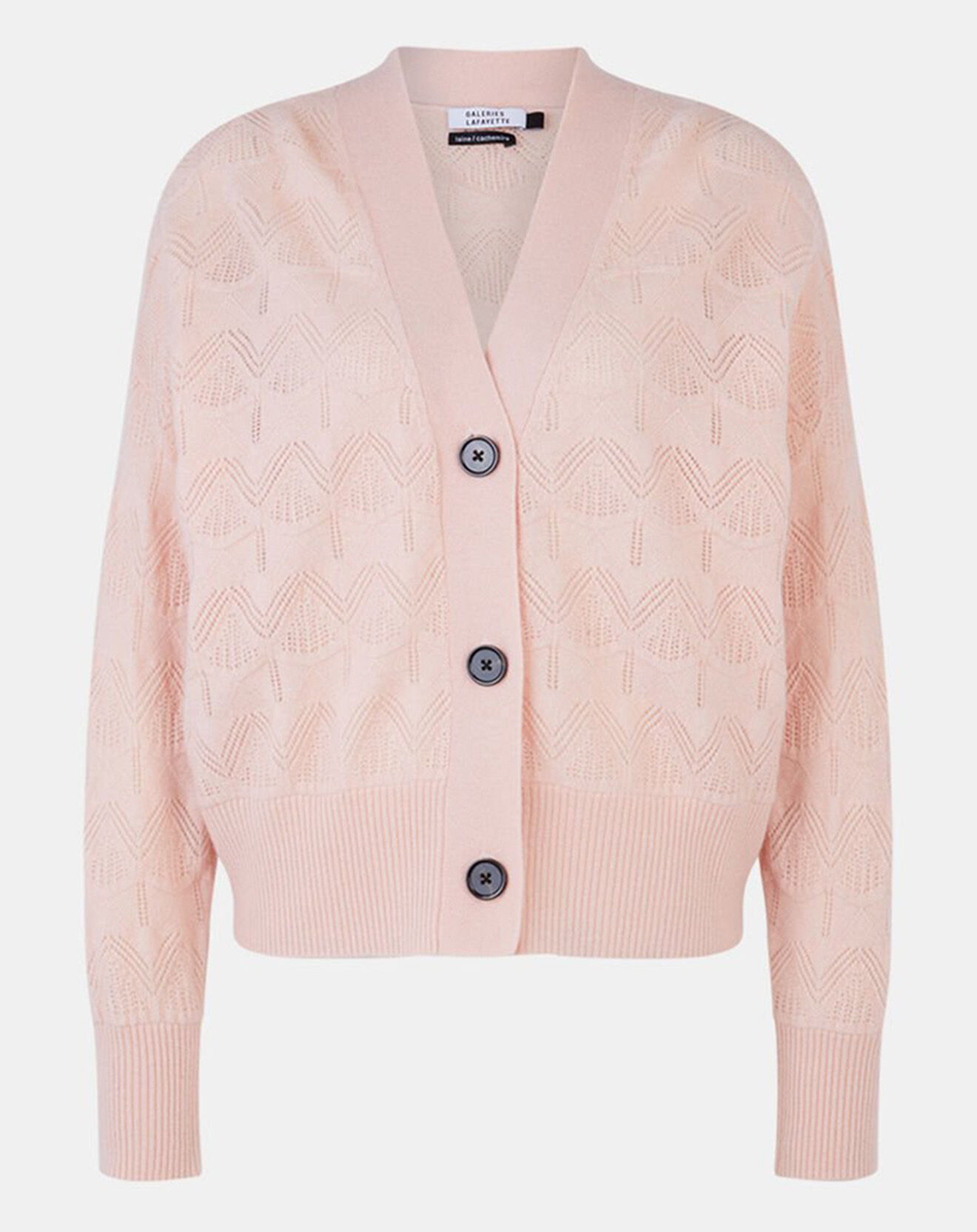 Galeries Lafayette Cardigan en Laine & Cachemire Fabiola ajouré col V rose clair