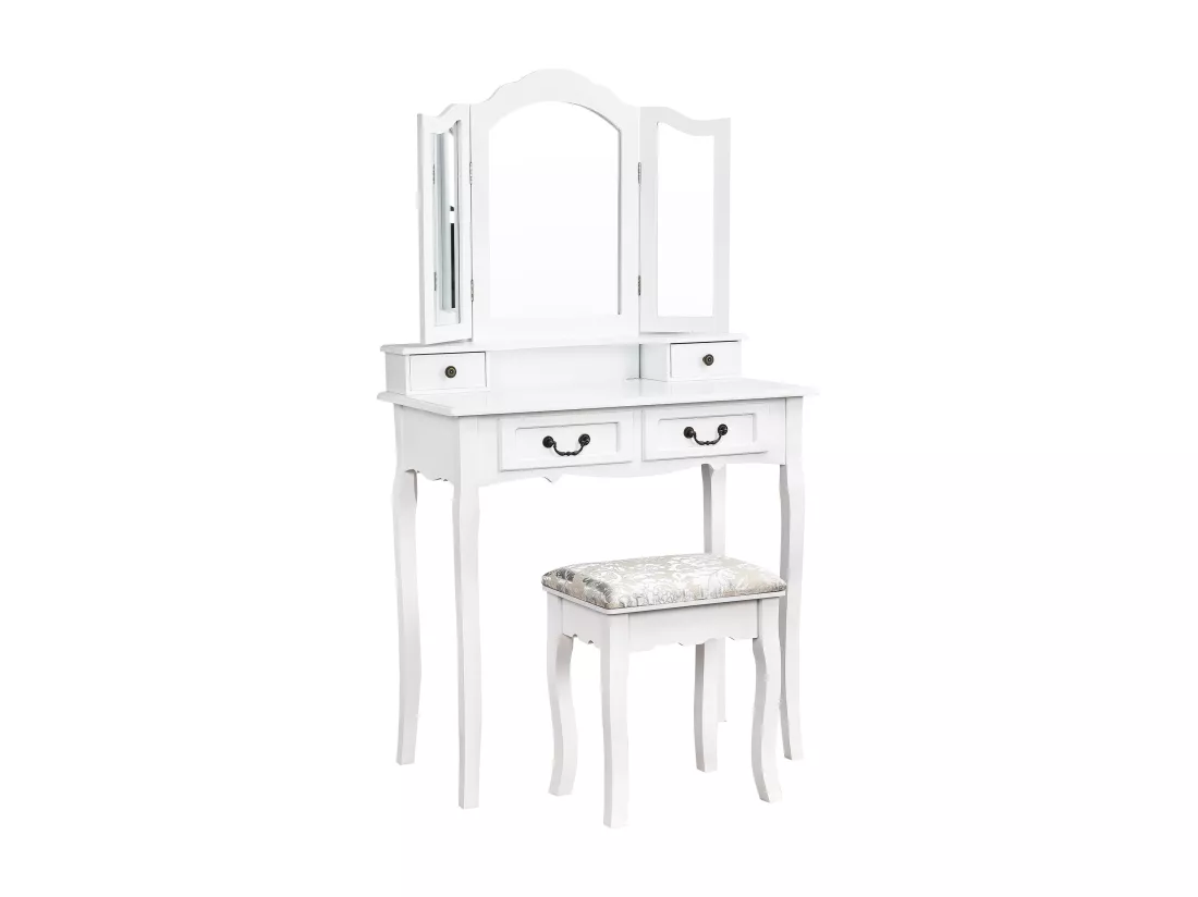 Coiffeuse multifonctionnelle + tabouret, trois miroirs, avec quatre tiroirs, MDF, blanc