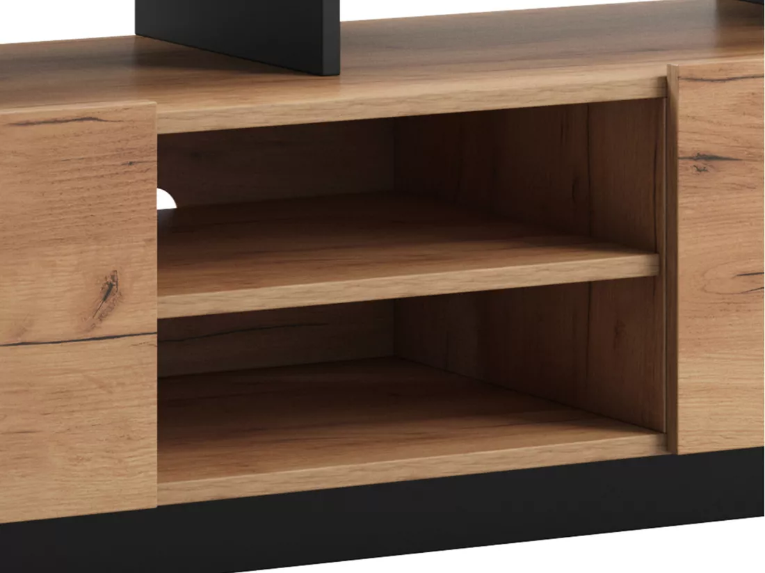 Meuble TV 2 portes et 6 niches avec LEDs - Naturel clair et Anthracite - IDESIA