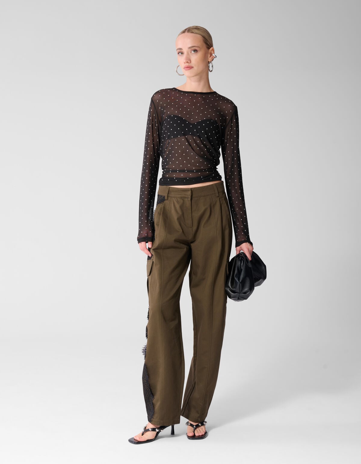 Studded Mesh Top Zwart