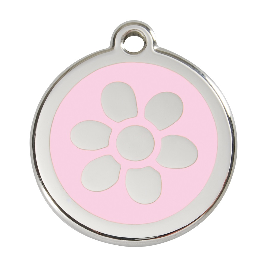 Placa de identificação para cães em aço inoxidável esmaltado com flor rosa