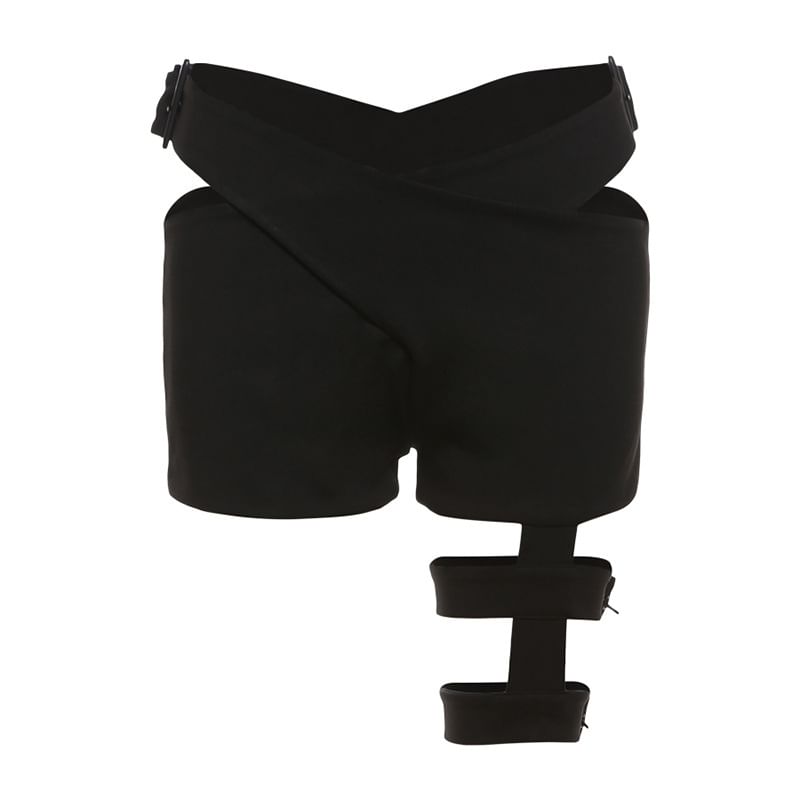 HERMITAKH - Lage, effen, gekruiste, gespvormige hotpants met uitsnijdingen