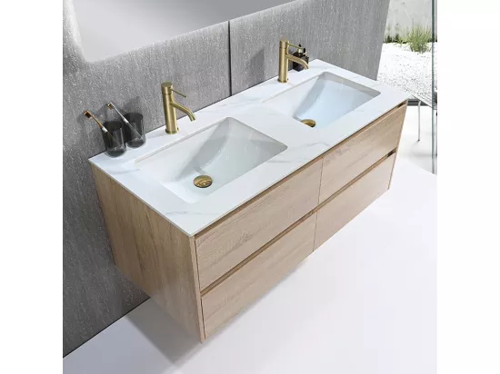 Meuble salle de bain double vasque 120cm bois naturel et effet marbre blanc avec miroir LED LB-8475C-120