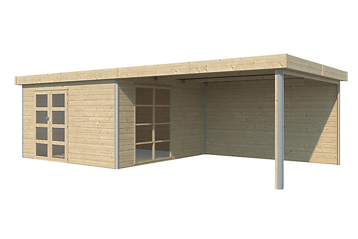 Abri de jardin + pergola Lindo 2 XL en bois coloris naturel ép.28 mm surface extérieure 16,97 + 16,48 m²