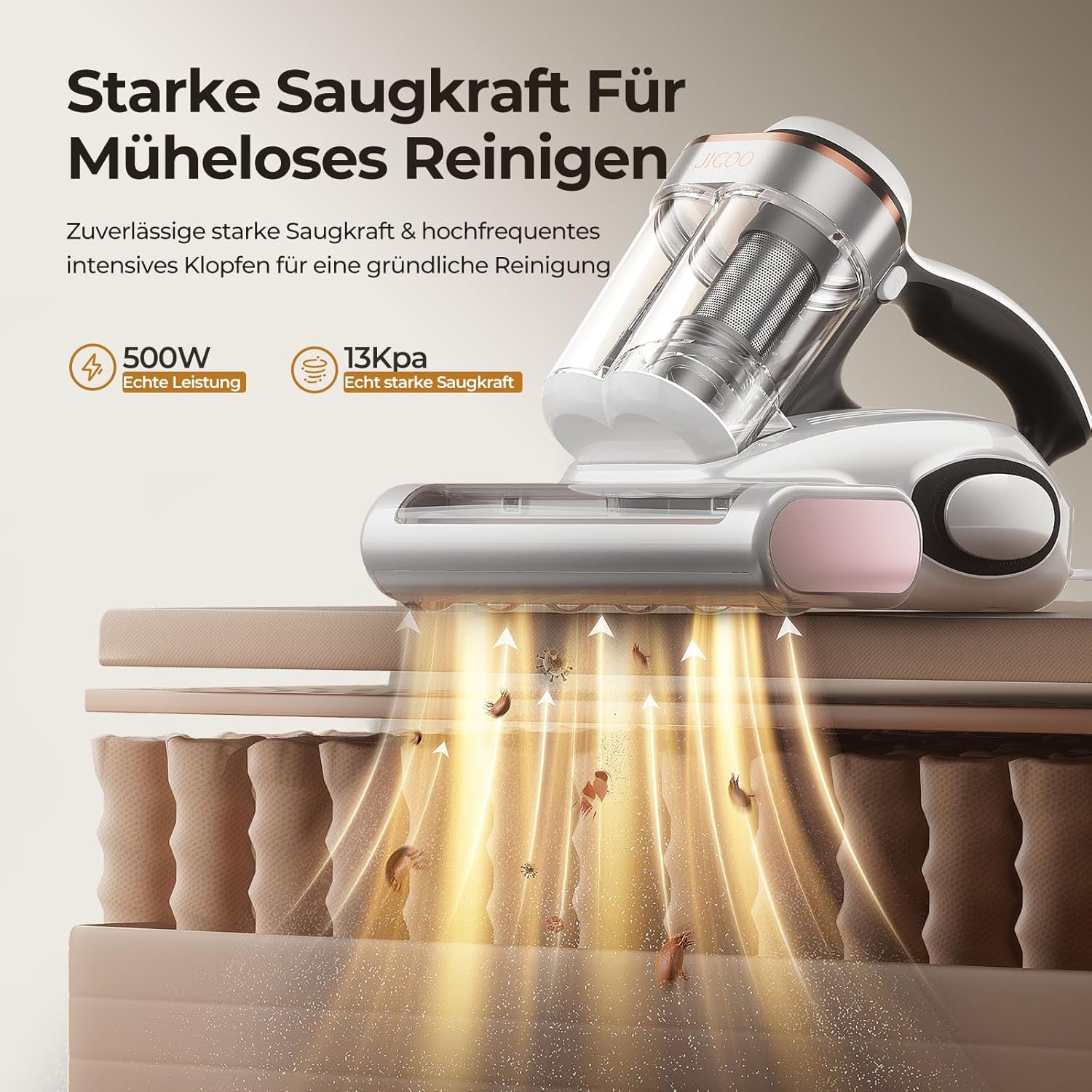 JIGOO J300 Milbensauger mit Staubmilben-Sensor und Intelligenter LED-Anzeige, 500W Milbenstaubsauger mit UV-Licht, Ultraschall, Für Allergiker, entfernt 99,9% Allergene von Matratzen, Betten und Sofas