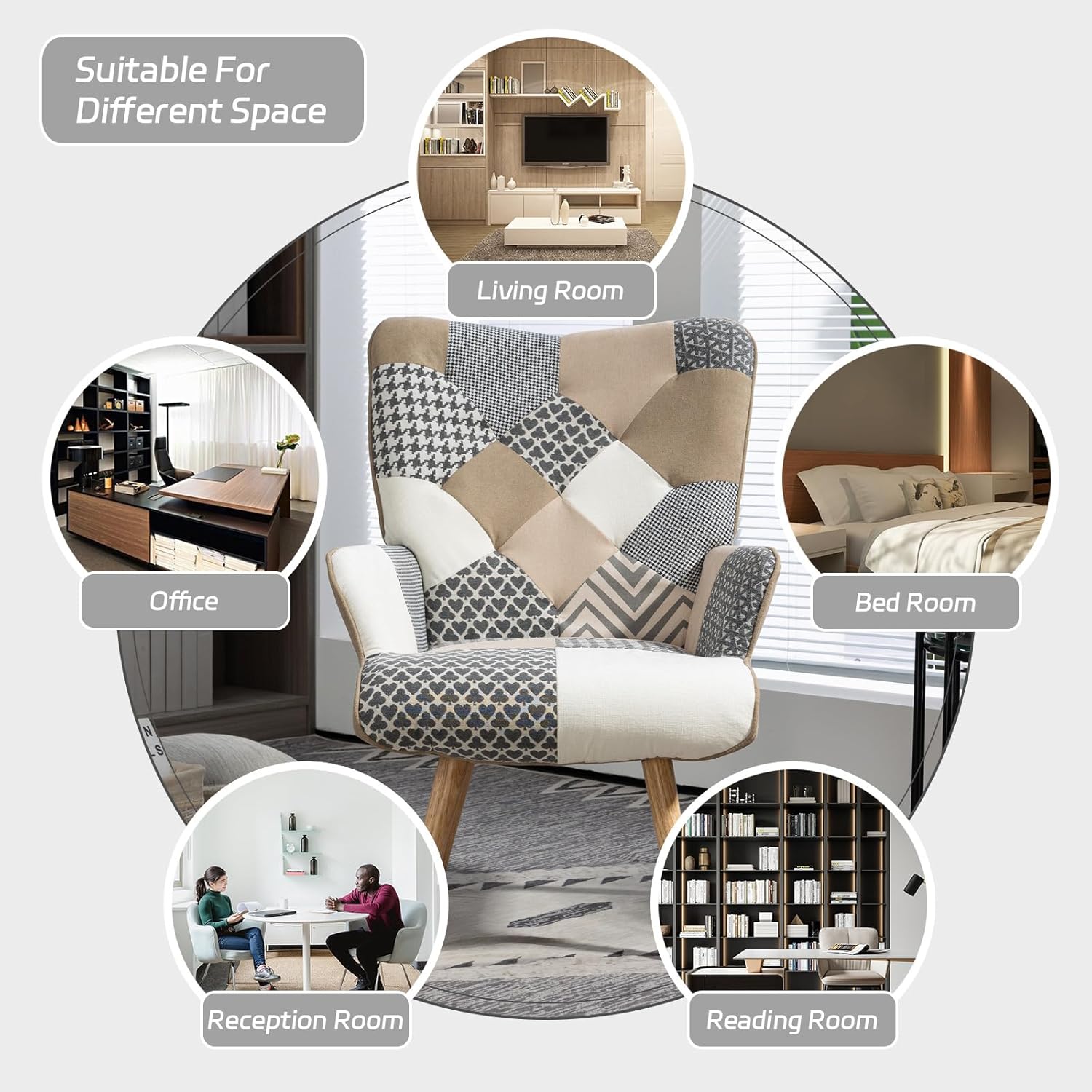 Patchwork Sessel Relaxsessel Leinen Loungesessel mit Massivholzfüße Ohrensessel für Wohnzimmer, Schlafzimmer, Leseecke, Grau