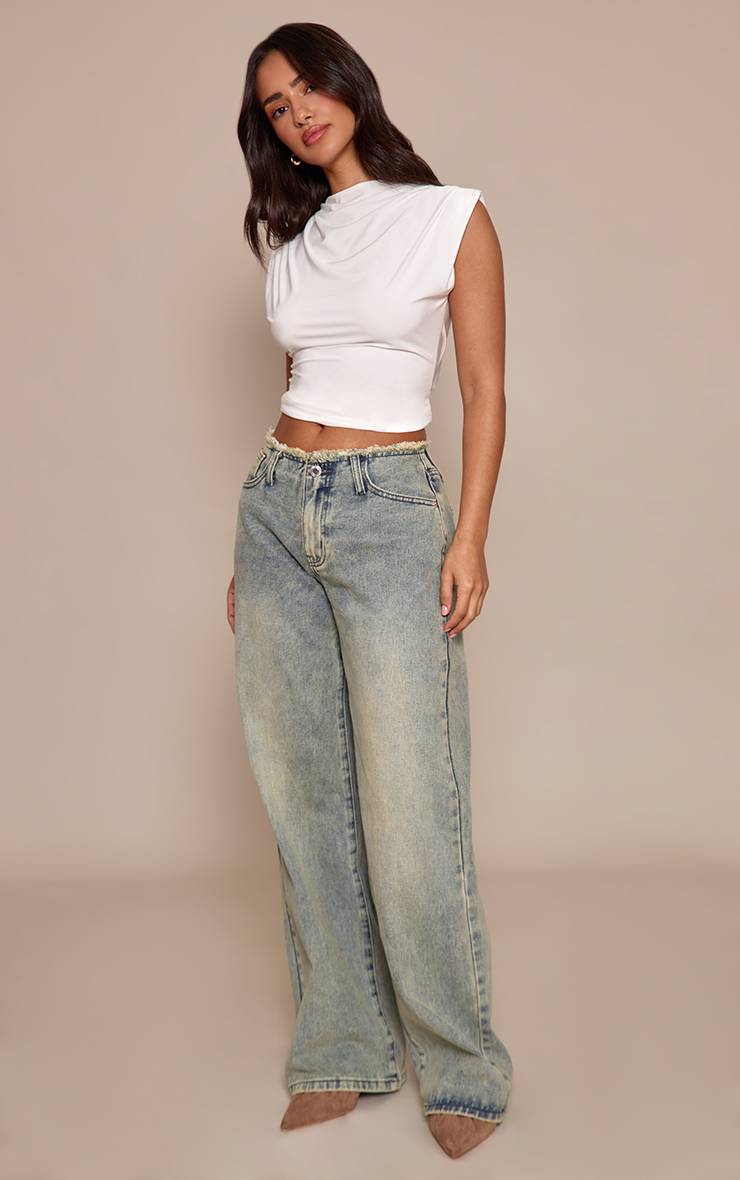 Délavage Vintage Jean Petite Taille Basse Coupe Droite Taille Effilochée