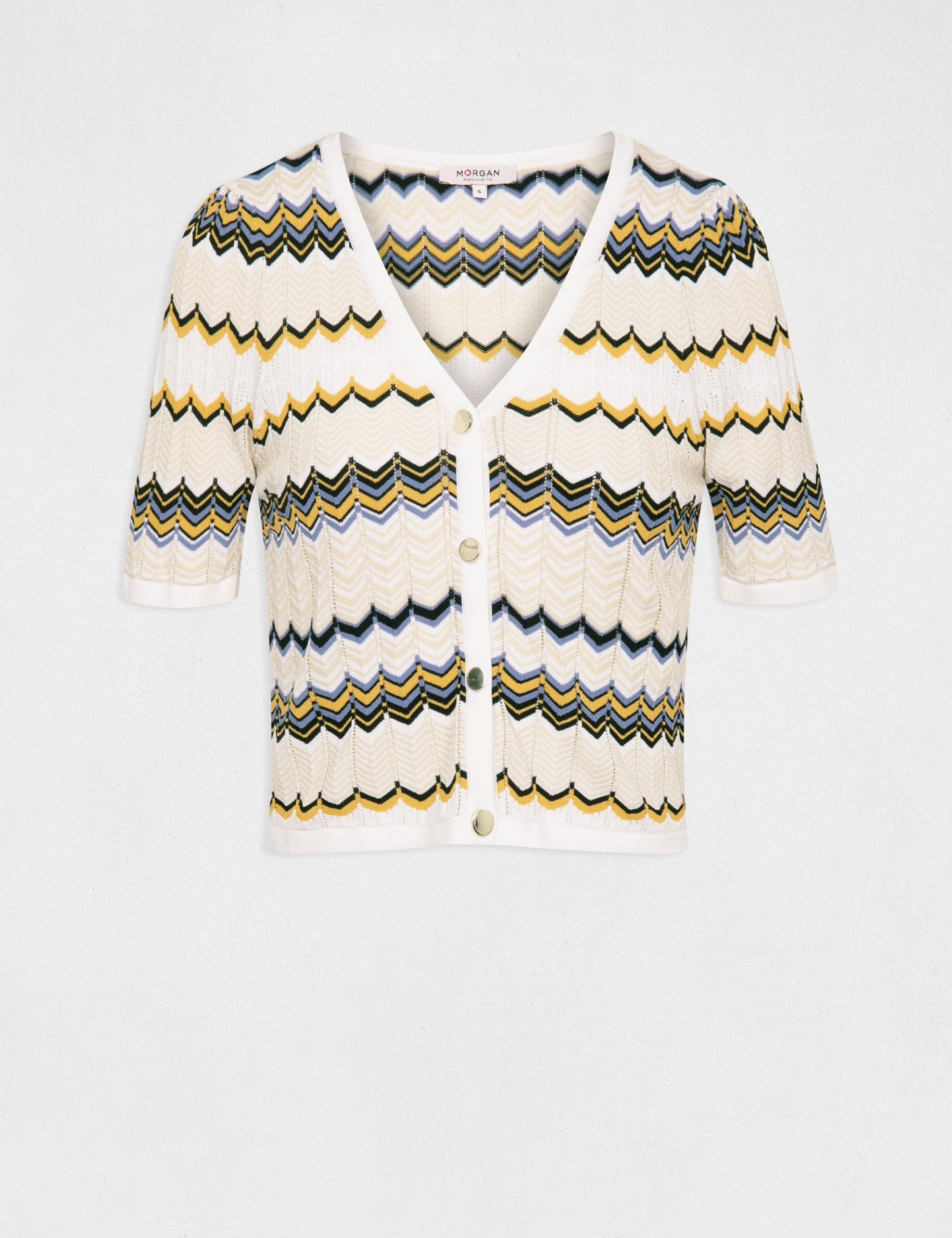 Pull manches courtes imprimé chevron ivoire femme - ivoire