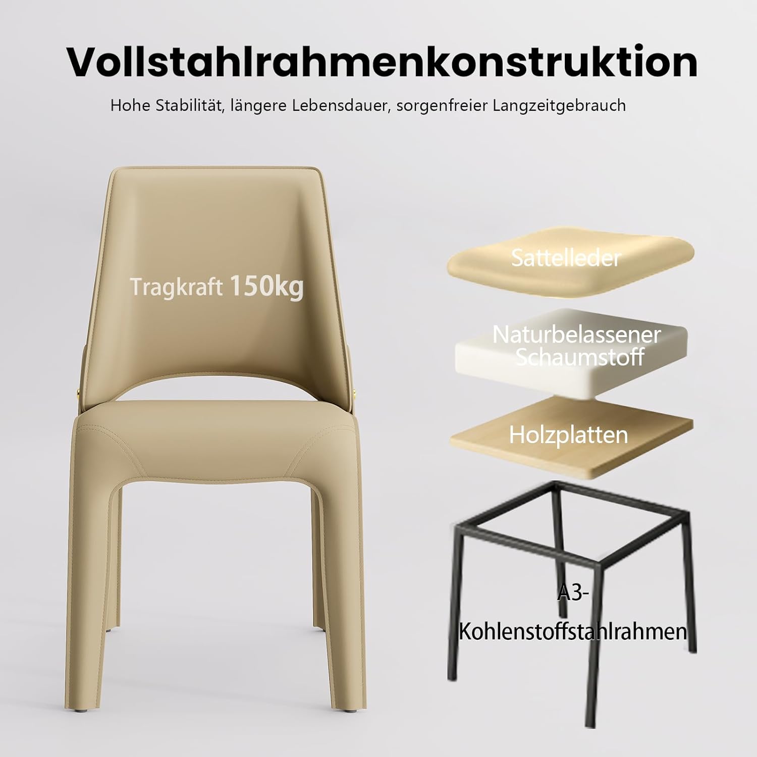 YOUNUOKE Sattelleder Esszimmerstuhl, Küchenstuhl Einzeln, Polsterstuhl Stahlbeine Moderne minimalistische, für Küche, Wohnzimmer, Schlafzimmer, bis 150kg belastbar, Hohe Rückenlehne, Khaki