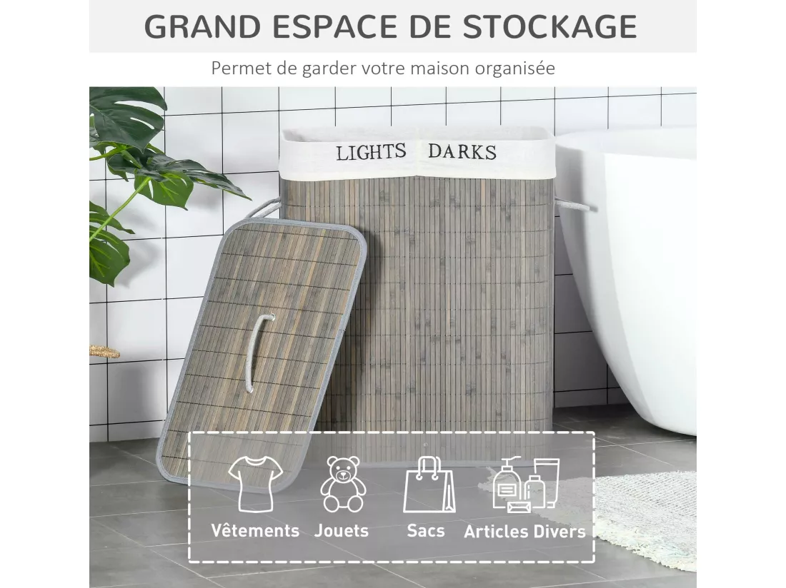 Panier à linge corbeille à linge 2 bacs bambou pliable couvercle poignée sac amovible en toile gris