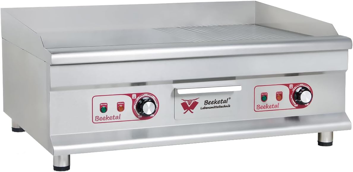 Beeketal 'BGP-7' Profi Gastro Grillplatte elektrisch mit gerillter und glatter Grillfläche (75 x 40 cm) aus 10 mm dickem Gusseisen, 2 Zonen stufenlos regelbar je 50-300 °C (2 x 3200 Watt)
