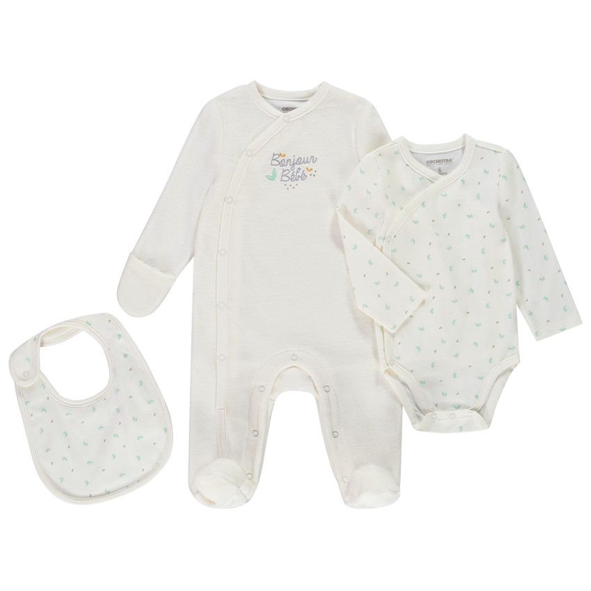 Set naissance 3 pièces Bonjour Bébé neutre pour bébé - Ecru