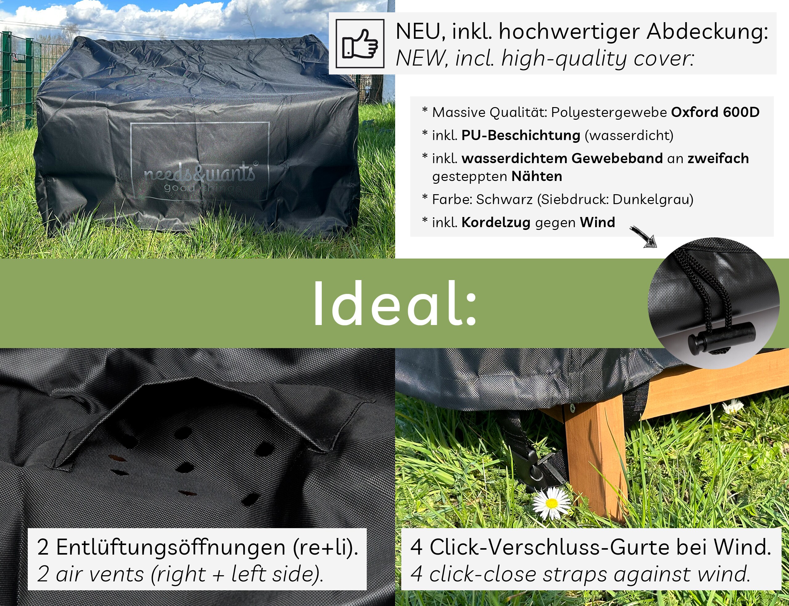 needs&wants® Gartenbank Holz wetterfest mit Stauraum und Abdeckung, 2-Sitzer Truhenbank Holzbank klassisch, Parkbank Sitzbank massiv Garten Outdoor mit Truhe, Naturholz Massivholz, dunkel-braun