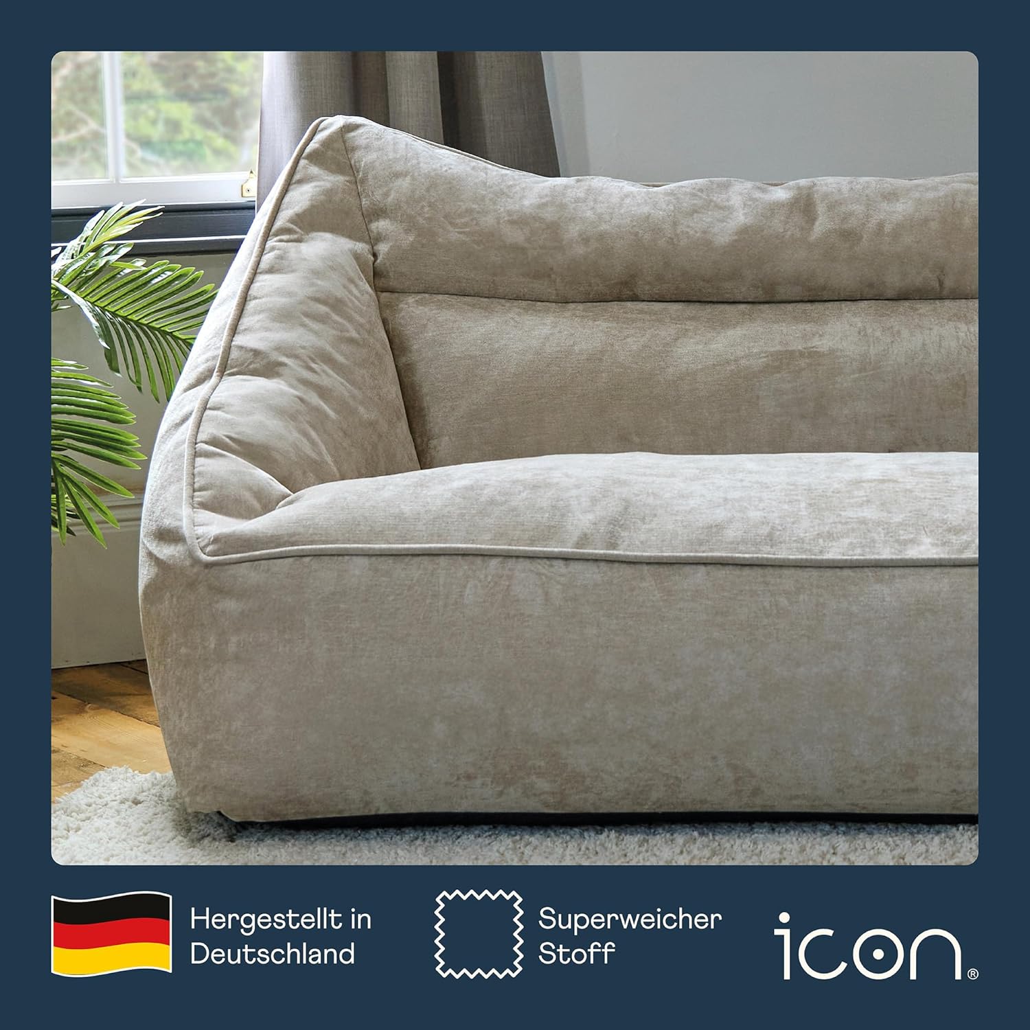 Icon Cecilia Sitzsack Sofa, Beige, Flauschiger Chenille Stoff, 2 Sitzer Sofa für Erwachsene, Riesensitzsack mit Füllung, Bequemer Sessel, Lounge, Wohnzimmer, Deko Wohnzimmer