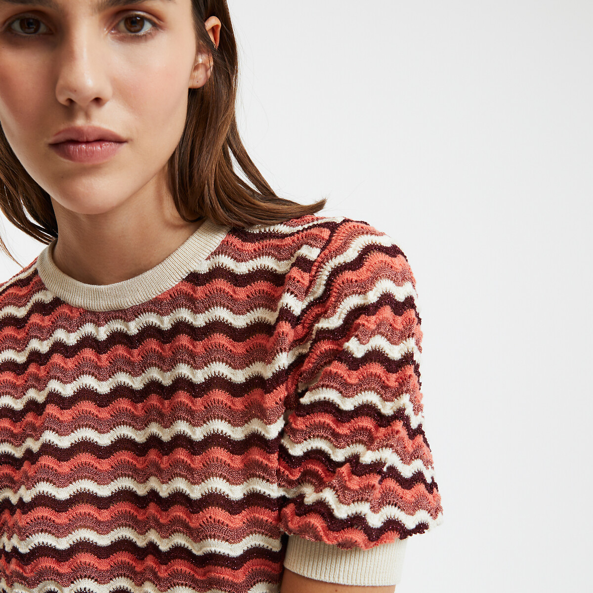 COLEÇÕES LA REDOUTE<br>Suéter com gola redonda e mangas bufantes, em crochê