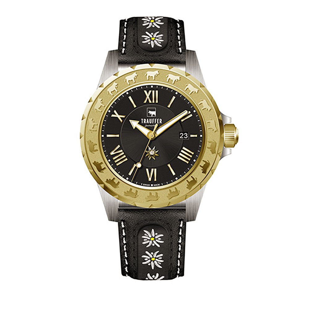Trauffer Damenuhr mit PU-Lederband Schwarz/Gold