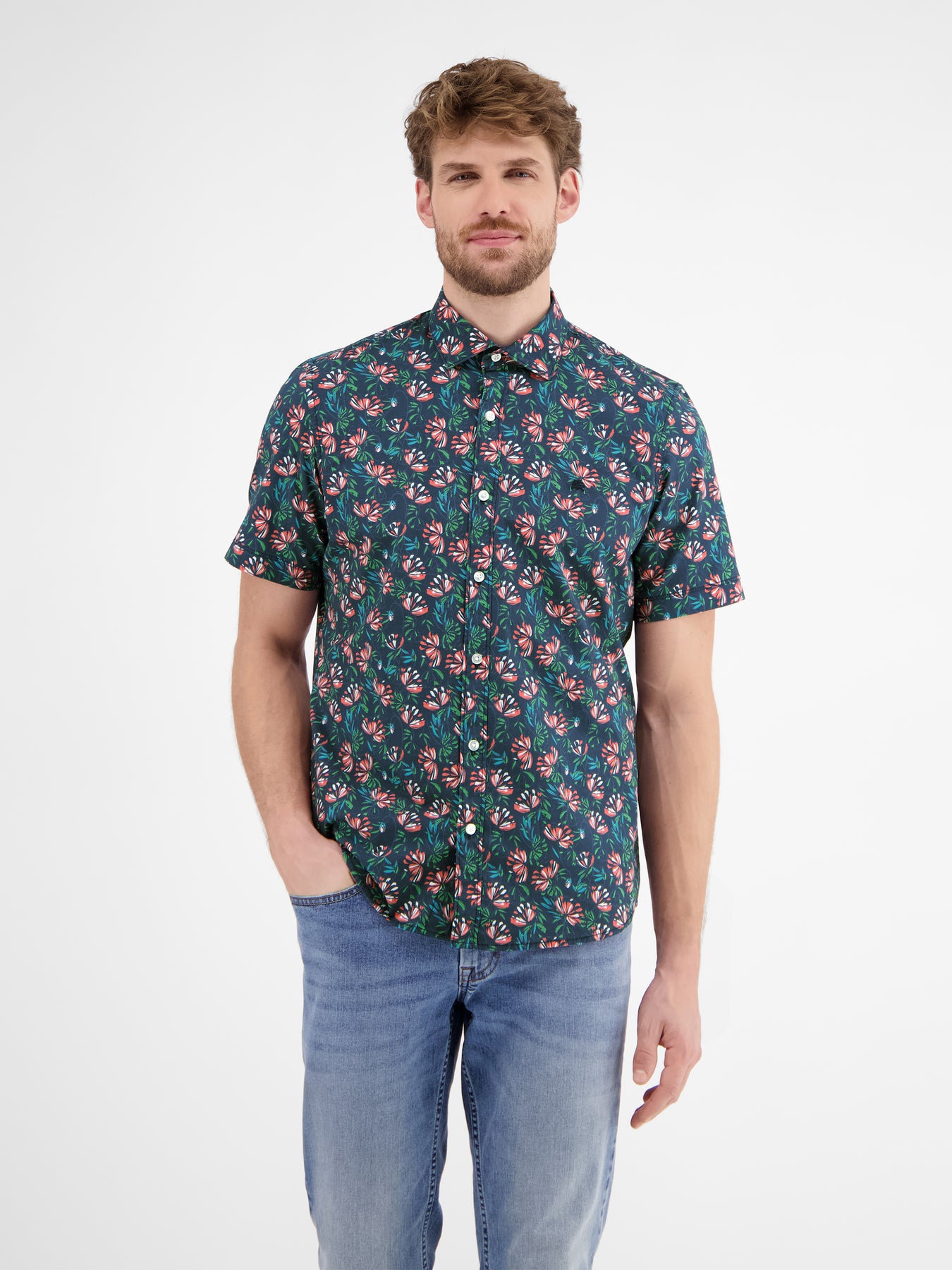 Herren Poplin-Stretchhemd, floral gemustert