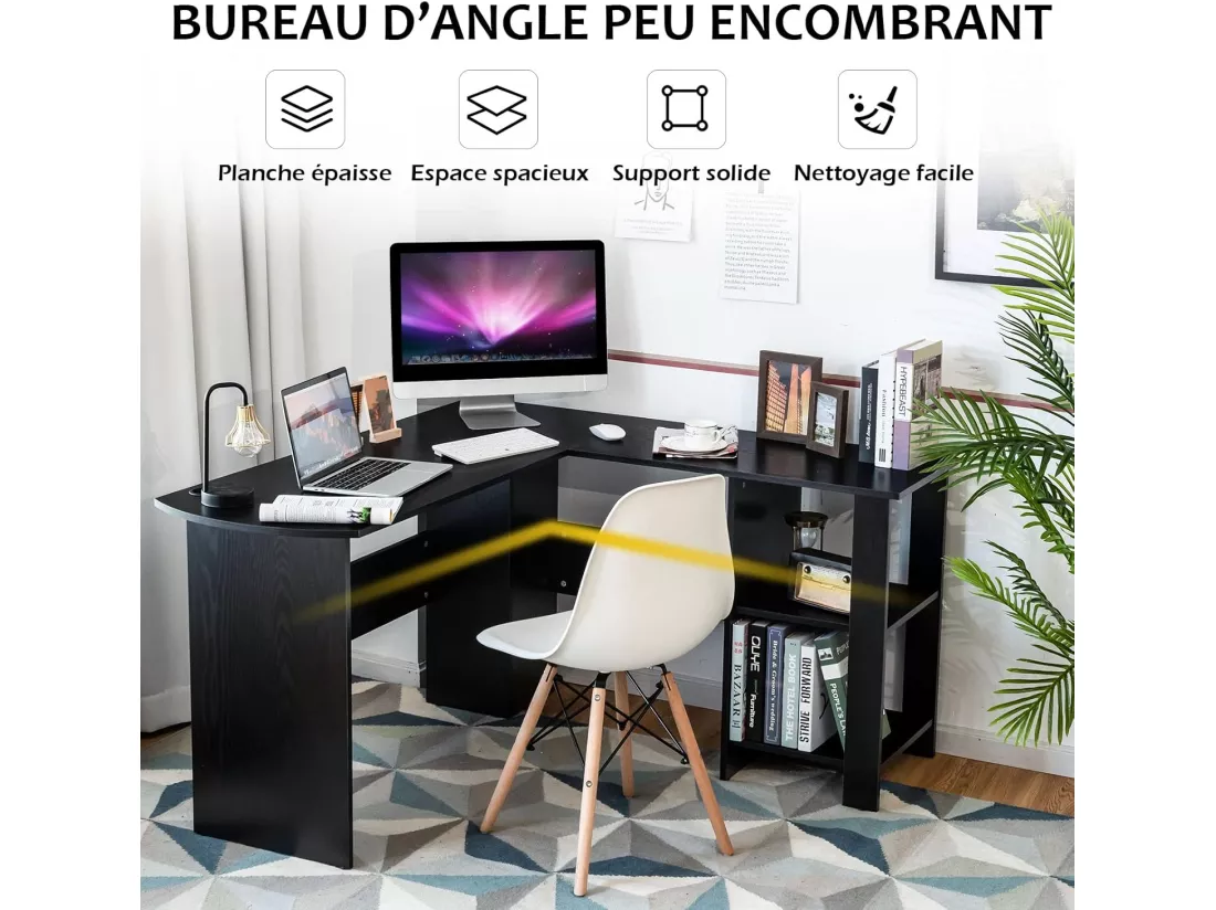 Bureau en Forme de L, Bureau d'angle avec Étagères de Rangement à 2 Niveaux, 2 Passe-câbles et Coussinets Antidérapants, 130 x 130 x 72,5 cm