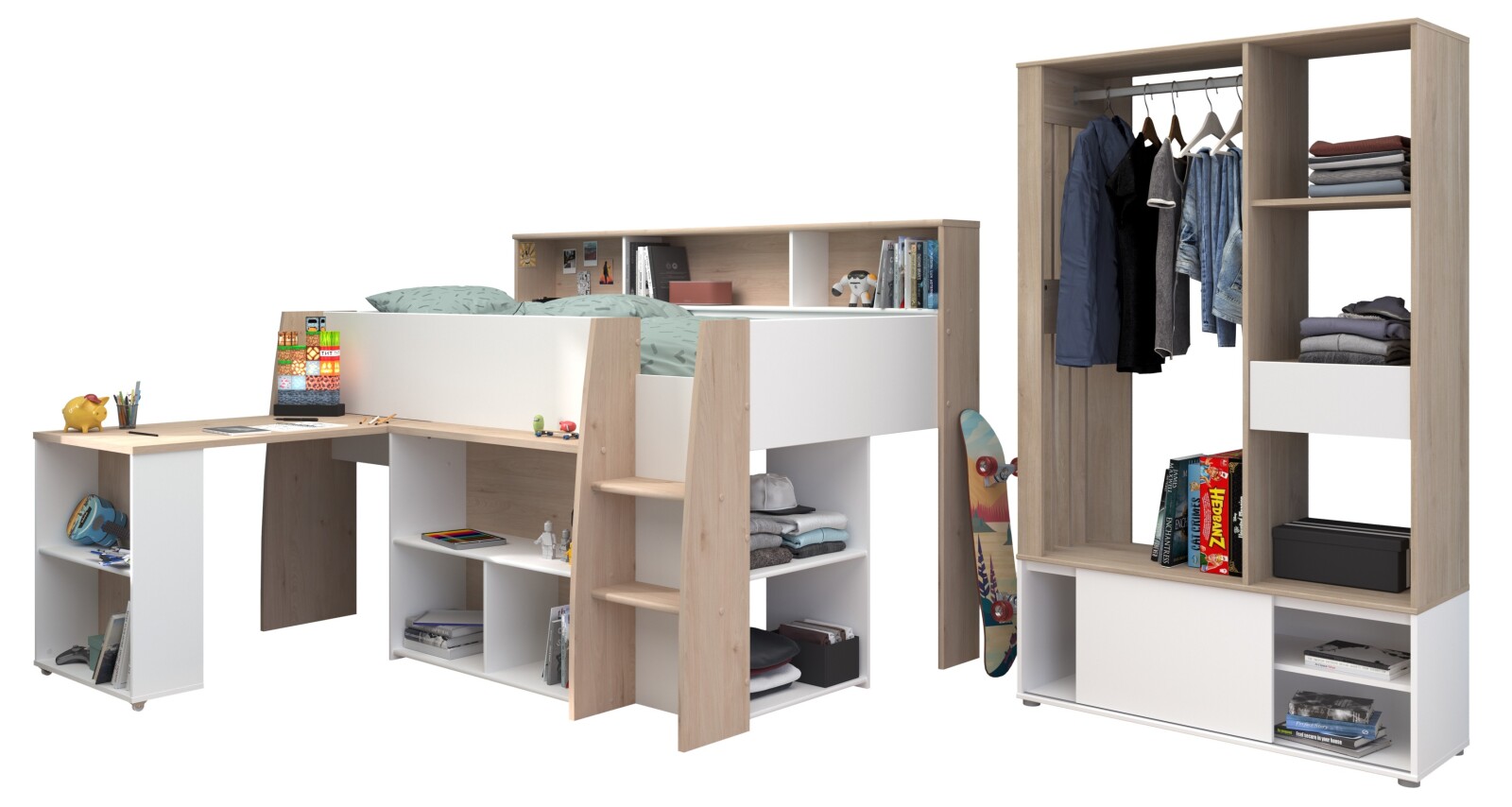 2-teiliges Hochbett-Set LUCAS - weiß - Japanische Eiche - mit offenem Kleiderschrank
