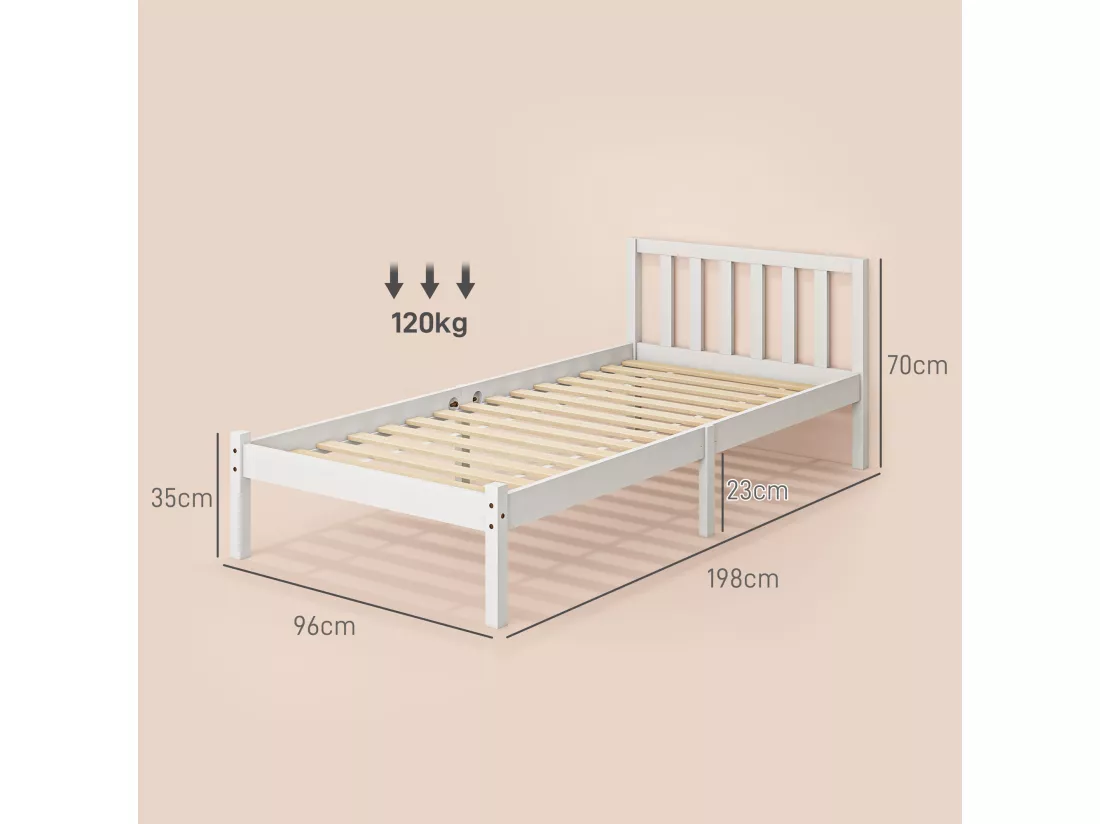 Lit simple design - tête de lit, sommier inclus - dim. 198L x 96l x 70H cm - compatible matelas 190L x 90l cm - bois blanc