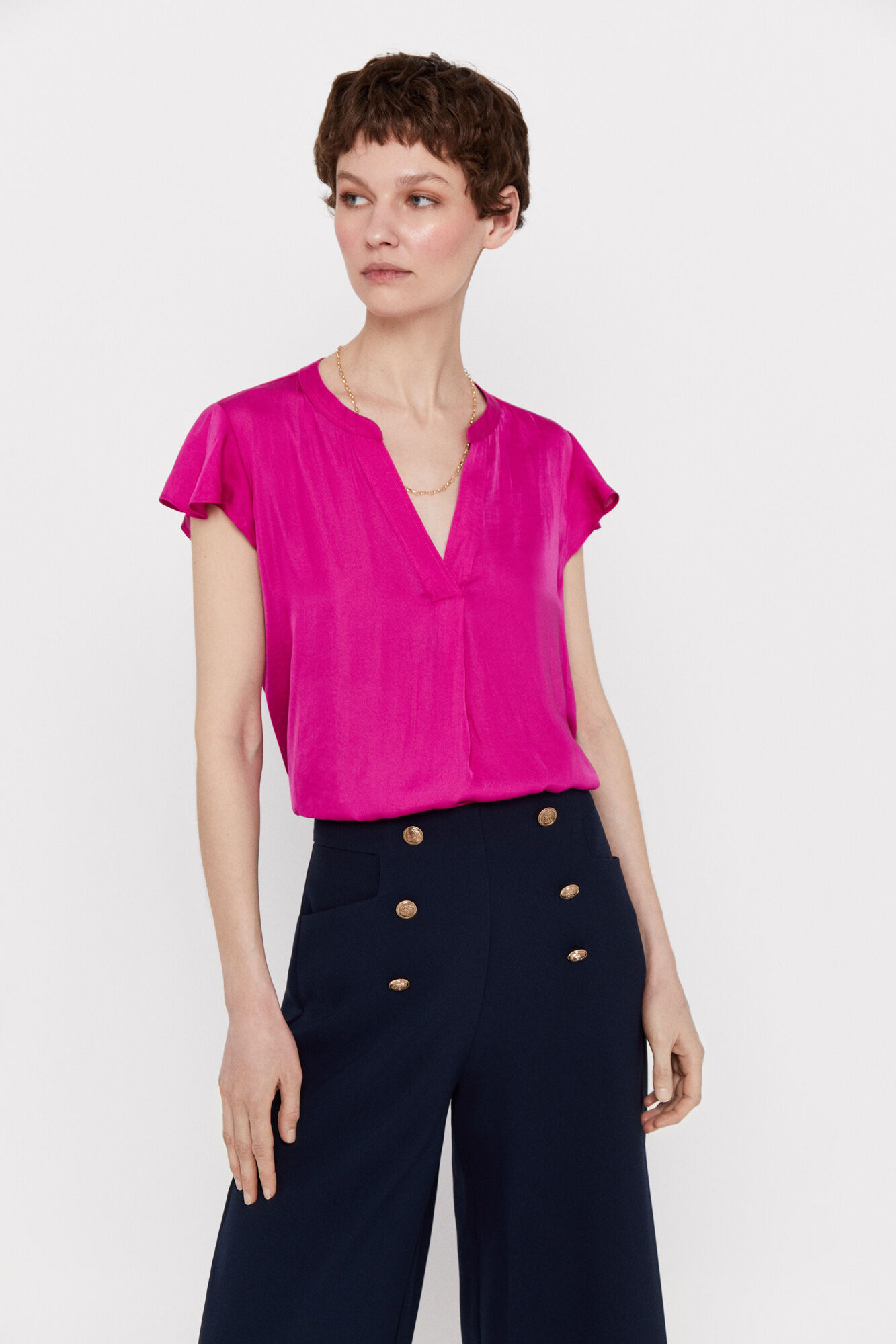 Blusa de cetim com mangas franzidas - Fúcsia