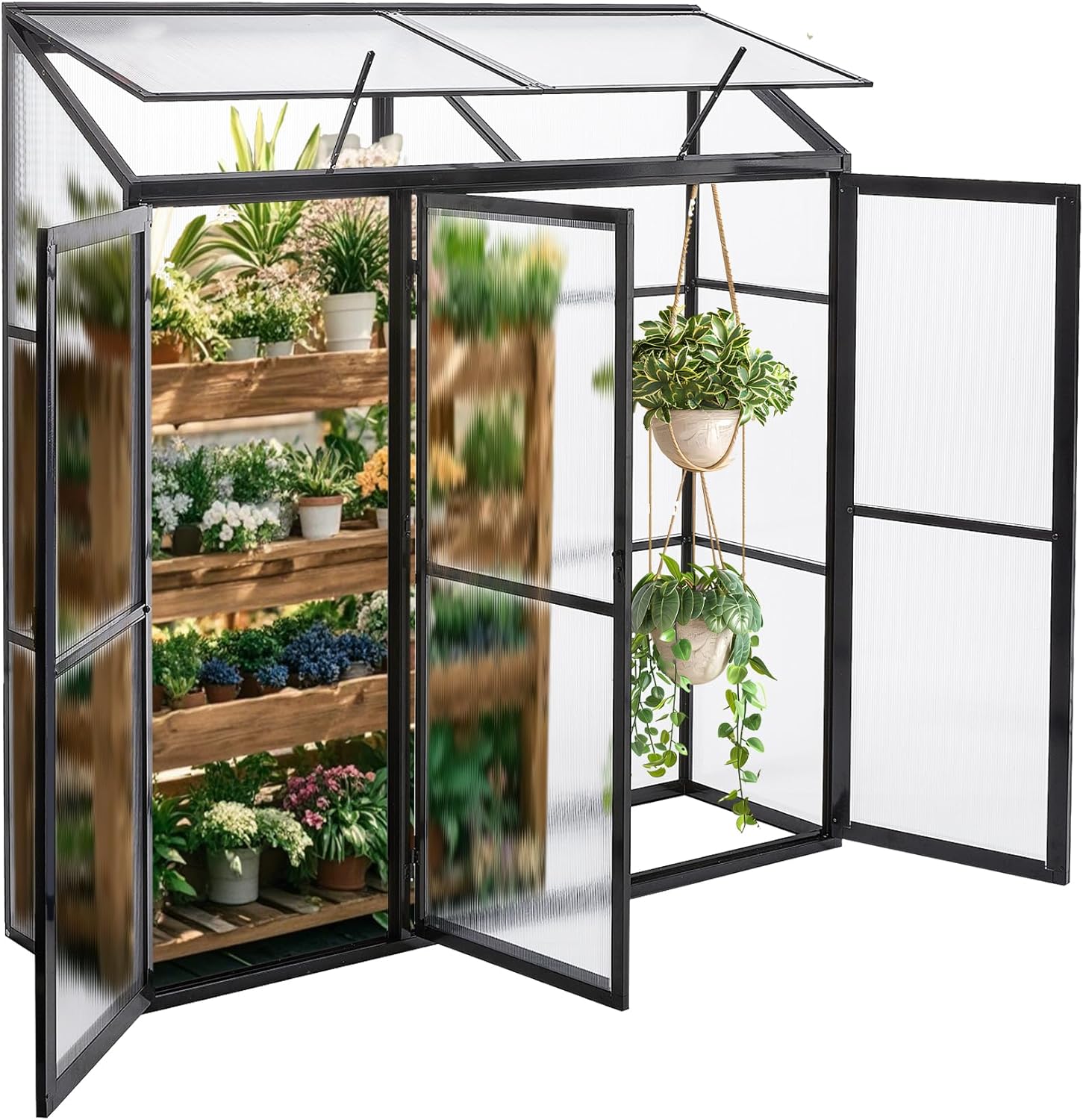 Anlehngewächshaus Tomaten Gewächshaus 180x55x190cm Aluminium Beistell-Gewächshaus, Treibhaus Gartenhaus Frühbeet mit Rückwand, Gewächshaus Winterfest Klein, Minigewächshaus, Schwarz